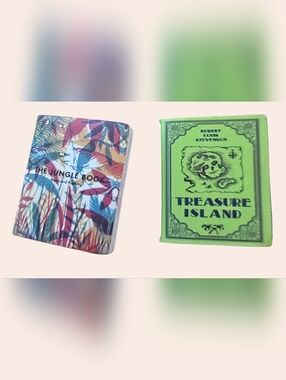 Handmade Mini Book Earrings .83 x .63" Jungle Book & Treasure Island Stainless